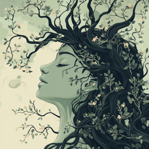 Vector-style woman as a living tree, hair flowing like branches...