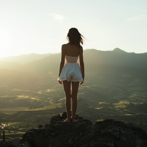 Photo of girl wearing white short sun dress standing on rock on...