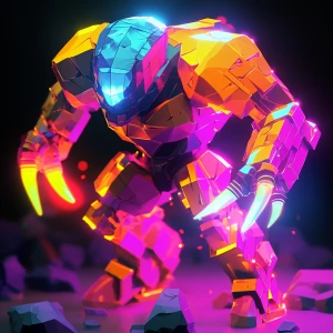 Create a low-polygon count alien warrior character featuring bright neon block-like armor and sharp, glowing laser claws. This character is engaged in combat within a vintage 1990s 3D video game style arena reminiscent of the 3DO Interactive Multiplayer console graphics.