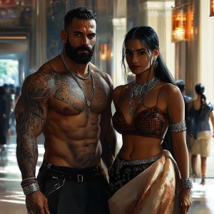 Create a realistic art image depicting a muscular, sweaty, tatto...