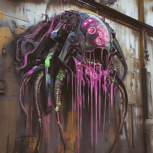 Create an image of a graffiti-style alien hybrid, adorned with neon-like dripping tentacles and luminescent fractal designs, spray-painted onto the decaying hull of a spaceship. Capture the essence of street artist 108's raw and chaotic artistic approach.