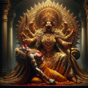 photograph of angry looking goddess durga sitting on a gold crown and carrying a weak mahishasur on her lap and poking him with her amazingly long red fingernails. She is wearing gold armor, a huge gold crown, gold saree, abundant  gold jewelry, covered in blood. The scene is set in ancient India. The image is 8K resolution, cinematic, photography, ultra detailed face and epic.