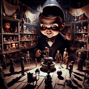 "Imagine a detailed, horror-inspired scene featuring a miniature...