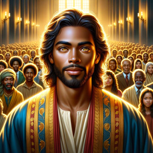 Illustrate an inspiring African-American Jesus crust with a dign...