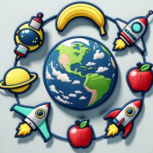 Iron on patches like a banana, space ship and apple orbiting ro...