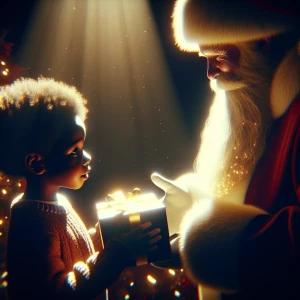 Closeup of an American child being given a luminous gift for Chr...