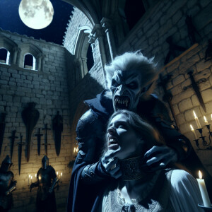 Dracula, a pale and sinister figure with sharp fangs, bites his...