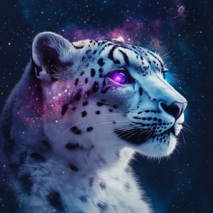 Generate an ultra-realistic image of a snow leopard infused with a cosmic theme; its fur should artfully incorporate celestial patterns like stars and nebulas, and it should have luminous purple eyes that stand out.