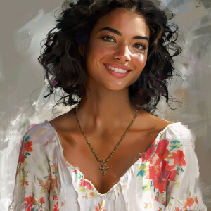 A cute woman

Smiling 

Clothes: White Floral Dress

Looks Clean...