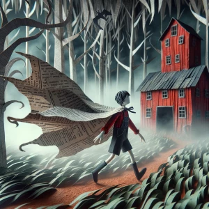 A girl in boy’s clothes walks across a misty paper field toward...
