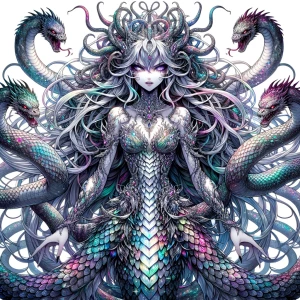 A mesmerizingly fearsome Gorgon queen stands, her serpentine hai...