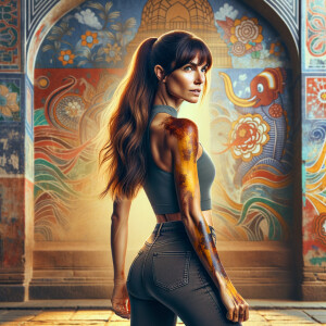 Athletic Thin skinny Attractive, Asian teenage girl, long brown hair and bangs, wearing tight skinny jeans and a halter top paint marks on her clothing, heroic pose Asian graffiti background,  backside view