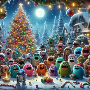 Christmas image. Cute Monsters and robots chorus singing Christm...