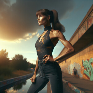 Athletic Thin skinny Attractive, Asian teenage girl, long brown hair and bangs, wearing tight skinny jeans and a halter top paint marks on her clothing, heroic pose Asian graffiti background, side view