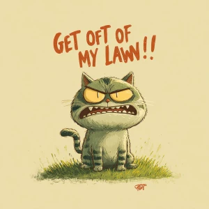 a cute angry cat yelling "Get Off My Lawn!", standing on a grass...