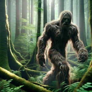 "Depict a humanoid, hair-covered creature resembling Bigfoot as it lurks in the dense forests of Germany."