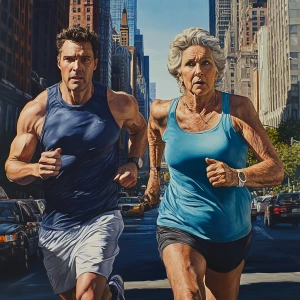 Hyperrealistic painting, a muscular, perspiring man jogging alon...