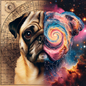 6. Surrealist Collage:
"A surreal digital collage where a pug's...