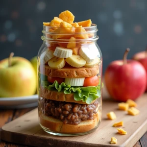 A mason jar with a mix of cheese sandwiches salad beef stew bana...