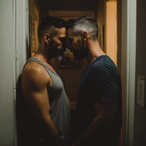 Two men standing in a narrow hallway locked in an intimate embra...