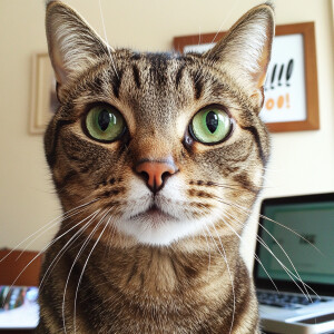 The image shows a close-up portrait of a tabby cat sitting in fr...