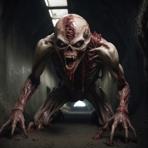 “Twisted humanoid creature crawling through a tunnel of flesh an...