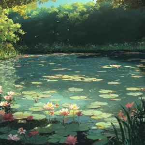 Create an image of an anime-style Monet lake influenced by Pre-R...