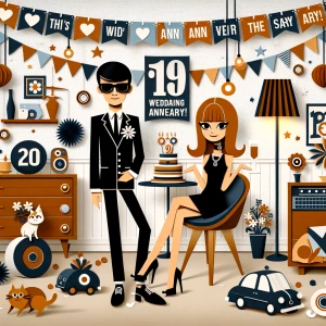‘Happy 19th Anniversary!’ Written
A 60s mod vibe with a tan male...
