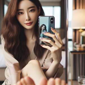 A very beautiful Asian girl taking mirror selfie from head to to...