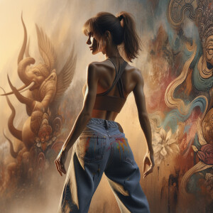 Athletic Thin skinny Attractive, Asian teenage girl, long brown hair and bangs, wearing tight skinny jeans and a halter top paint marks on her clothing, heroic pose Asian graffiti background, backside view