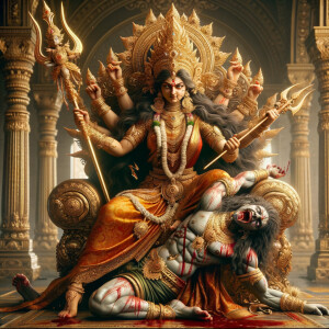 portrait of angry looking goddess durga, sitting on a gold crown and carrying a weak mahishasur on her lap and stabbing him with her amazingly designed trident. She is wearing gold armor, a huge gold crown, red saree, abundant gold jewelry, covered in blood. The scene is set in ancient India. The image is 8K resolution, cinematic, ultra detailed face and epic.