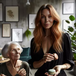 A 45-year-old long ginger-haired Caucasian petite woman wearing...