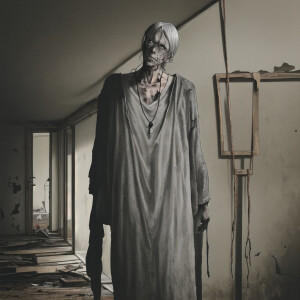 An eerie and desolate scene of an abandoned room, its walls adorned with peeling paint and dust-covered furniture. In the center of the room, a skinny elderly man is suspended from a sturdy wooden beam, his neck twisted at an unnatural angle as he hangs limply from a thick, frayed rope tied into a noose around his neck. His once-vibrant skin has taken on a pale, waxy appearance, and deep purple bruises mar his neck and face. His eyes are half-open, staring blankly into nothingness, and his long, gray hair cascades down around his shoulders like a shroud. He wears a once-elegant suit that is now torn and dirty, revealing his emaciated frame beneath. The room is dimly lit, casting eerie shadows across the man's lifeless form and the surrounding debris. A lone ray of sunlight streams through a crack in the boarded-up window, barely illuminating the grisly scene before it disappears back into darkness. The air is thick with an unsettling stillness, as if even the dust motes hesitate to stir in this haunted space.