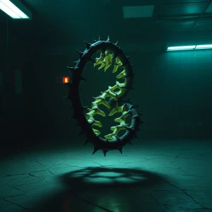 "In a dimly lit laboratory, a grotesque double helix rises, puls...