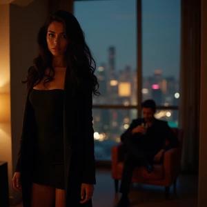 A cinematic, moody evening scene in a high-rise apartment. Dahli...