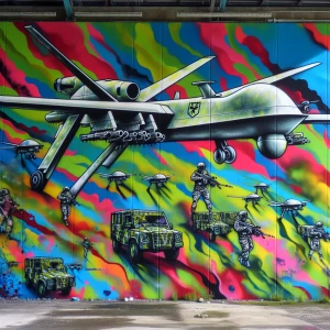 Graffiti art on a wall at a military drone training facility, fe...