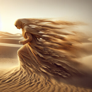 Create an image of a woman made entirely of sand walking in a sa...