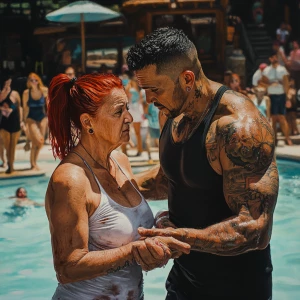 hyperrealistic painting 1:1,a muscular, tattooed, and pierced ma...