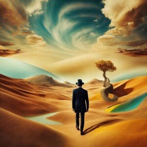 Salvador Dalí exploring a surreal landscape inspired by his own...