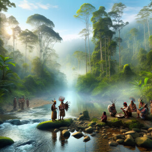 Visuals of a serene natural landscape with traditional Native Am...