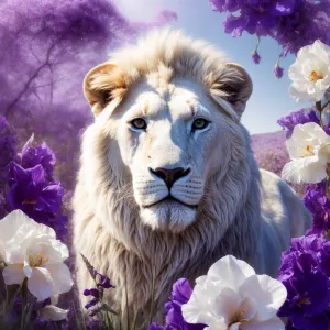 Create an image of an albinotic white lion with striking purple...