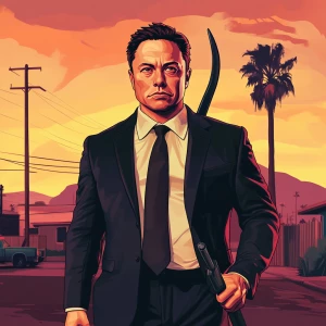 Elon Musk..Dressed like a gangster holding a machete, in GTA San...