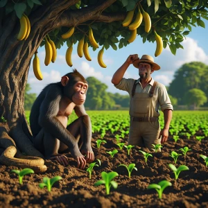 “Monkey sleeping under the tree after eating bananas, farmer loo...
