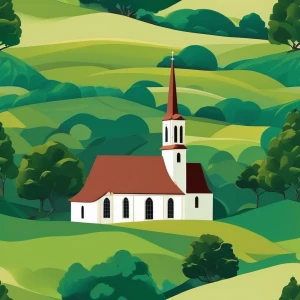 A small chapel with a pointed steeple surrounded by rolling green hills.