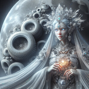 A mesmerizing lunar witch draped in shimmering silver robes, her...