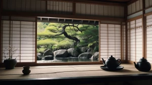A peaceful Japanese tea room interior with a traditional wooden...