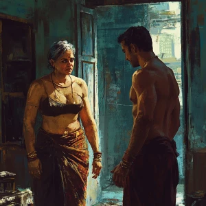 art  style 1:1,A muscular sweaty man talking to his 54 year old...