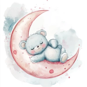 A cute, cartoon teddybear lies on a stylized, rosy-pink crescent moon. The teddy bear is light gray with large, round, pink-spotted ears.  Its body is round and he has expressive eyes.  its facial expression is happy and friendly. The teddy bears leg and foot are visible, and its posture is relaxed, lying down in the curve of the moon. it's stomach is lying down on the moon with left arm and leg showing hanging down. The moon is a soft, shaded blue, with watercolor-like texture and subtle shading. The background is white. The image is in a child-friendly style, showcasing delicate line work and color palettes. The composition is centered on the teddy bear which is positioned lying slumped face down on  the moon, giving the moon a hug with closed eyes. The overall style is sweet, whimsical, and reminiscent of children's book illustrations.  The colors are pastel and soothing, creating a gentle atmosphere.