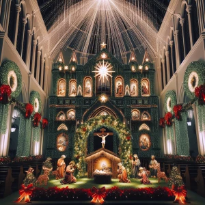 A church adorned with festive Christmas decorations, including l...