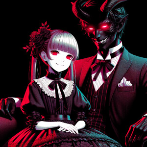 A girl named lilith with elegant gothic lolita dress sit on the lap of Handsome Lucifer with Black Horn, Msyterious Aura of Black and red, Lilith and Lucifer evil smirks, glowing eyes, 3D, High Res